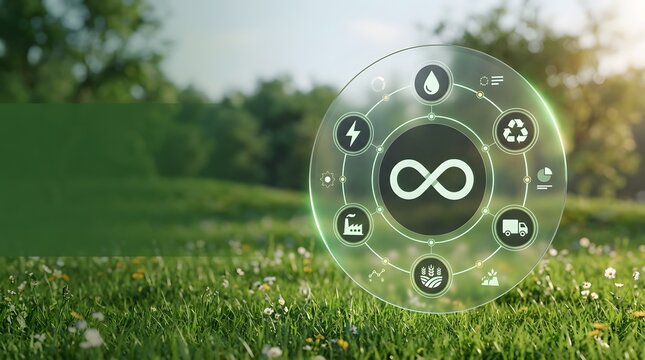 Circular economy sustainability concept featuring infinity symbol and eco friendly industry icons on transparent glass in green meadow