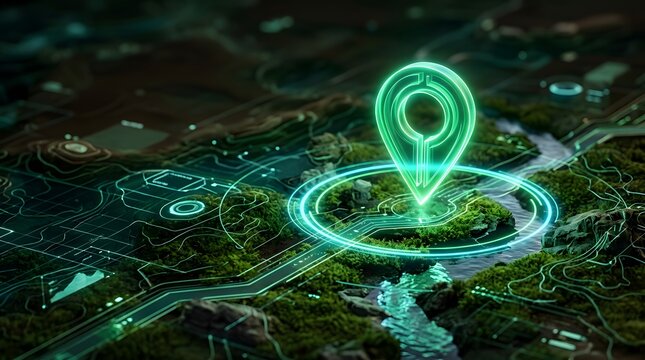 Sustainable infrastructure location pin on digital topographic map with glowing circuit lines integrating technology and nature