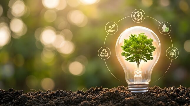Green energy innovation concept showing tree growing inside lightbulb in soil with renewable resource icons