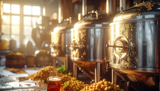 Industrial Brewery Fermentation Tanks with Hops and Beer in Warm Sunlight