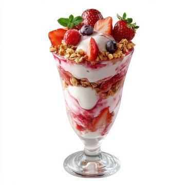 Strawberry parfait ice cream layered with cream granola isolated on a white background