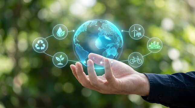 Global sustainability ESG strategy with digital earth hologram and green technology icons over natural forest background
