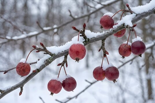 Winter Crabapples on Snow-Covered Branch - Frozen Red Apples in Nature