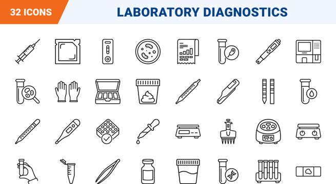 Clinical laboratory diagnostic test line icon set. Vector pictograms of medical, diagnostics, pathology, and sample elements, thin linear illustration.