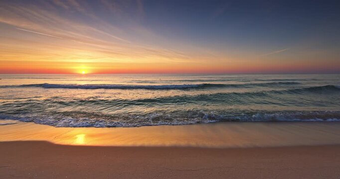 colorful cinematic ocean sunrise over the beach, tropical island seascape