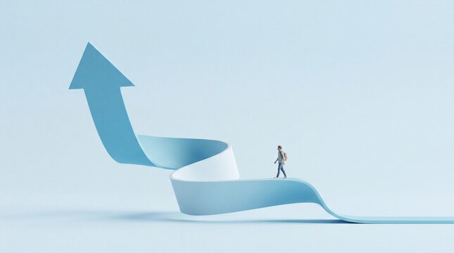 Conceptual 3D illustration of a miniature person walking on a winding blue ribbon arrow path toward success and career growth