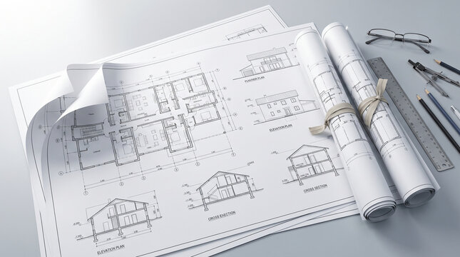 Architectural blueprints and drawing tools laid out on a desk, showing detailed house plans and design elements.
