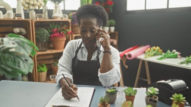 Woman florist in apron writes in notebook while holding smartphone to ear in studio amid potted succulents and wrapping paper; calm focus.