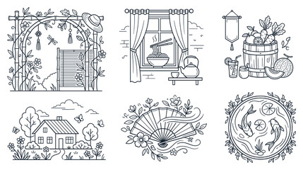 Naklejka premium Asiatic theme outline icons set for cultural storytelling design.