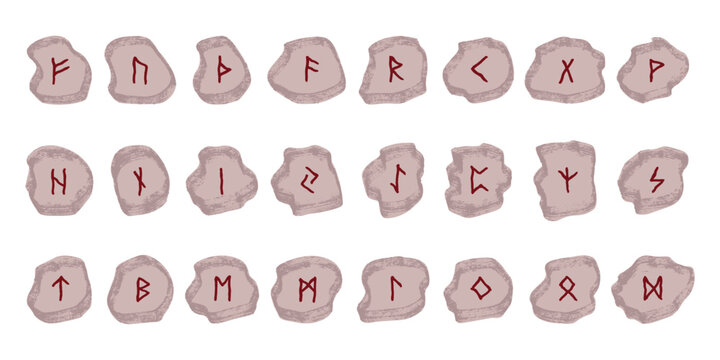Set of hand drawn viking runes Rune stones with ancient norse alphabet characters engraved on them Scandinavian futhark germanic celtic Single element for design, print, web, decor