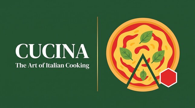 Cucina Italian cuisine logo with pizza icon, Art of Italian Cooking typography, vector emblem for pizzeria branding, restaurant menu label, dark green background, basil leaves, chef symbol