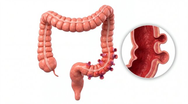 Medical Illustration of Human Colon Showing Diverticulosis and Cross Section of Diverticula Inflammation