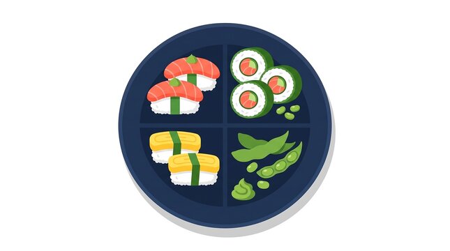 Japanese bento box illustration with sushi, fresh rolls, edamame vegetables, modern vector design