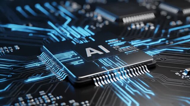 ai chip artificial intelligence microchip circuit board and cpu processor running futuristic data computing