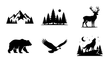 Fototapeta premium Nature Icons Set: Mountains, Forest, Deer, Bear, Eagle, Wolf, Wildlife Graphics