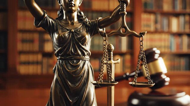 bronze lady justice statue holding scales of justice with judge gavel in law library for legal concepts