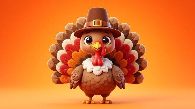 Cute 3D cartoon Thanksgiving turkey wearing pilgrim hat standing isolated on vibrant orange background