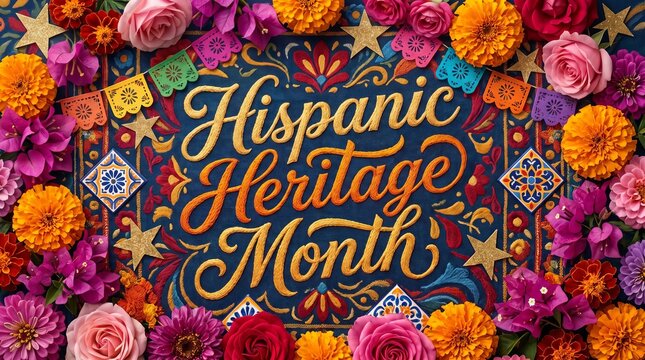 &ldquo;Hispanic Heritage Month&rdquo; lettering with vibrant Spanish cultural decorations, colorful flowers, festive patterns
