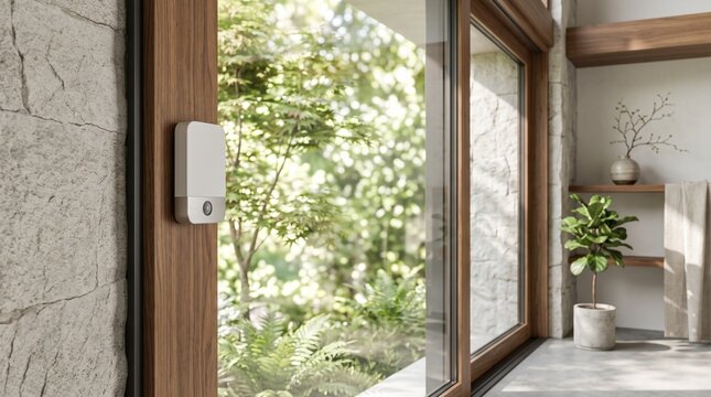 Smart home security sensor mounted on a wooden window frame in a modern bright interior with large glass doors, stone walls, indoor plants, and a lush green garden view.