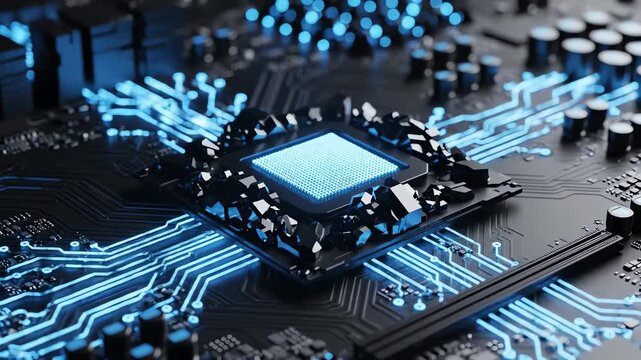 cpu processor microchip on motherboard with glowing blue circuit lines for ai data processing and quantum computing