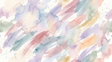 Fototapeta premium Abstract seamless watercolor background featuring pastel brush strokes in pink, blue, purple, and yellow. Textured paper with paint splatters and diagonal artistic washes for design.
