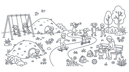 Fototapeta premium Happy children play at outdoor park playground coloring page.