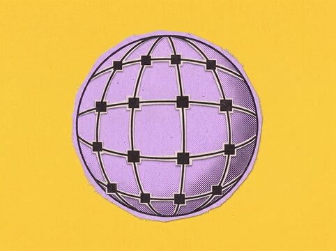 Globe Network Icon in Paper Cutout Collage Style on Yellow Background for Connectivity Concept