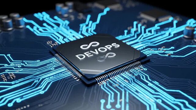 devops processor microchip on circuit board with glowing blue tracks for software development and automation