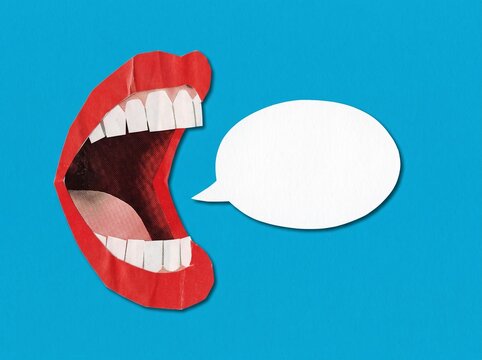 Screaming Mouth with Empty Speech Bubble Collage Art on Blue Background