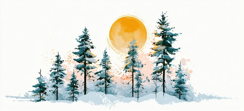 Watercolor spruce trees under giant golden moon, snow-dusted branches, playful splatters, clean white borders for modern greeting card
