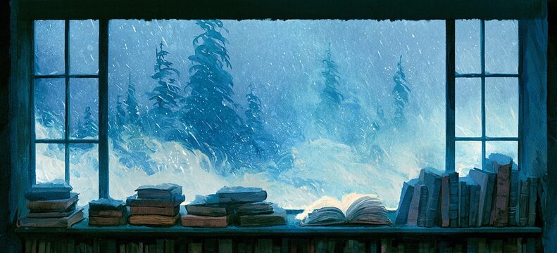 Blizzard ink swirls beyond library window, swaying fir silhouettes in pale wash, warm interior dark border, empty center kept for winter typography