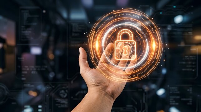Human hand gesturing toward a glowing digital padlock hologram, symbolizing cybersecurity, data protection, and advanced network safety in a futuristic server room environment.