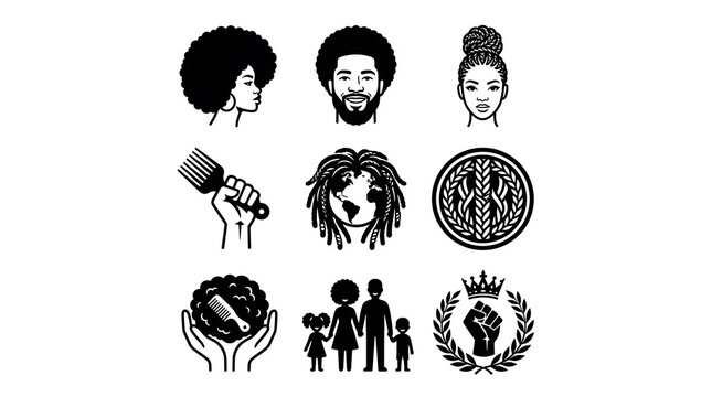A collection of black and white vector illustrations depicting diverse african american hairstyles and cultural symbols celebrating black pride and community heritage themes