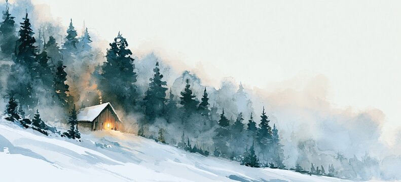 Cozy wooden hut with warm glowing windows tucked into snowy alpine watercolor scene, wet washes bleeding softly, sky space