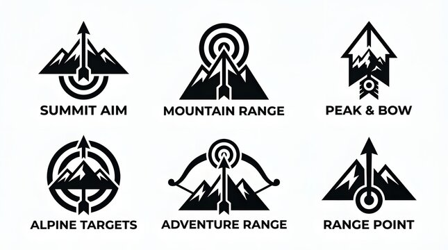 A collection of six minimalist black and white mountain logo designs featuring archery elements like arrows bows and targets for outdoor adventure branding