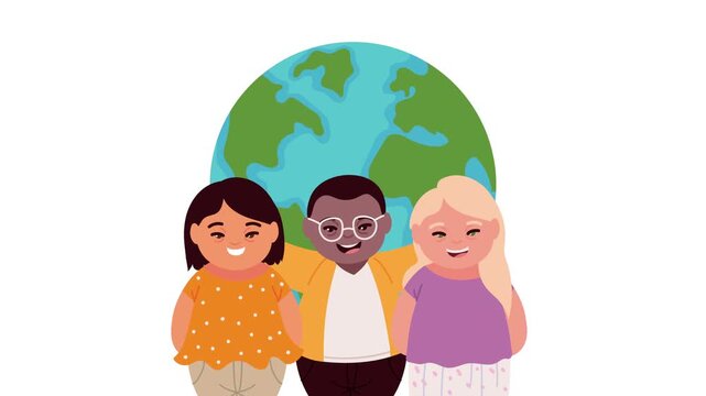 Cartoon children of diverse ethnicities smiling with planet earth globe background representing unity and inclusion.