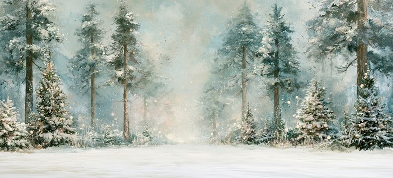 Rustic watercolor texture wraps enchanted winter forest of decorated fir trees, wide untouched snow clearing in center for design layout