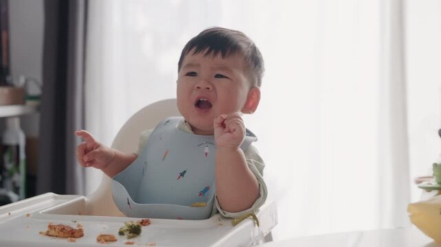 Asian Baby Using Finger to Feed Herself a Food with Baby Led Weaning Concept.Cute Asian baby boy eating finger food in high chair.