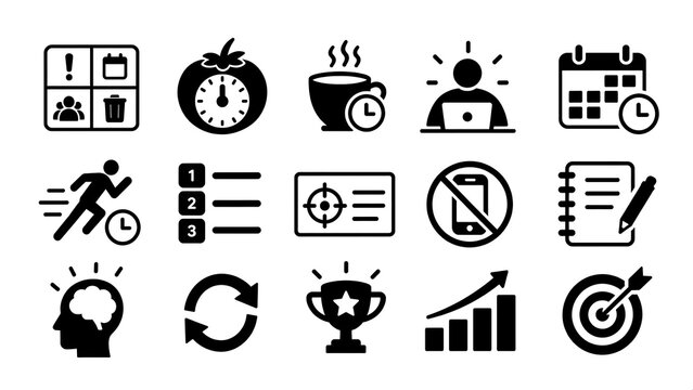 Time management icons set featuring black pomodoro and productivity symbols pack