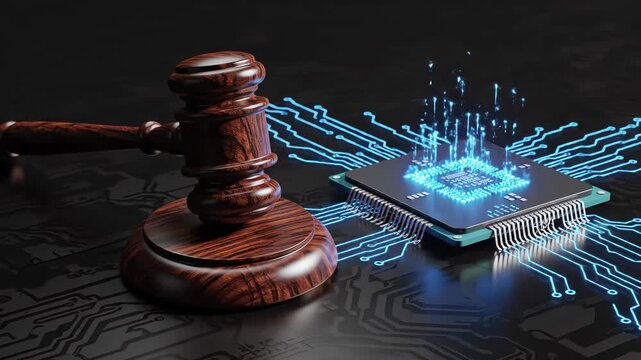 judge gavel with glowing ai microchip illustrating cyber law and artificial intelligence regulation on circuit board