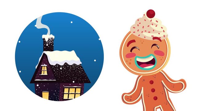 Christmas winter wonderland with gingerbread man animation and snowy house at night.