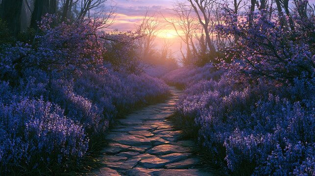Bluebell sea along winding stone path toward setting sun, twilight softness, ethereal flower glow, peaceful soothing evening landscape