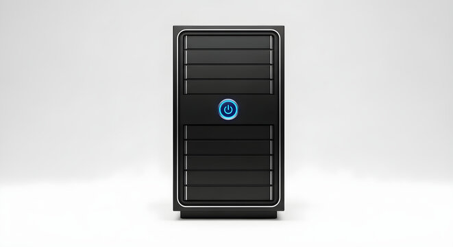High Performance Modern Black Tower Server Workstation Featuring Glowing Blue Power Button Isolated on White Background for Professional Data Center Infrastructure