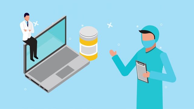 Online healthcare concept with medical professionals and laptop isometric animation for digital medicine services.