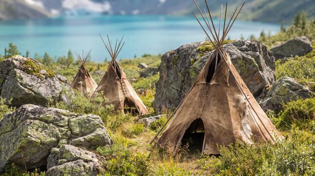 Native American teepees in North America, peaceful wilderness atmosphere