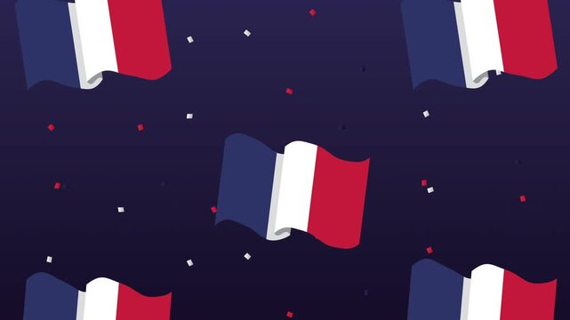 Dynamic motion graphics animation of multiple french flags waving patriotic symbols with falling confetti, creating festive atmosphere for bastille day or any national event.