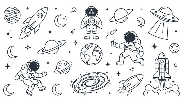 Space doodle line art collection with astronaut and spaceship.