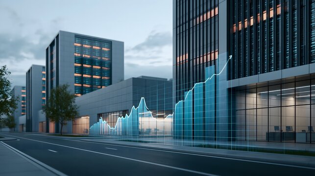 technology investment concept, modern data center complex with elegant upward financial visualization rising beside the buildings, illuminated architecture, contemporary business district, realistic
