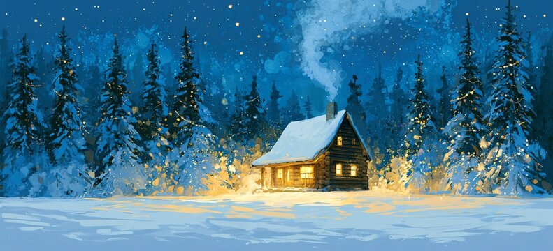 Starry sky meets smoke curling from cozy log cabin in snowy forest, decorated fir trees, golden window glow, watercolor splashes, snow field below