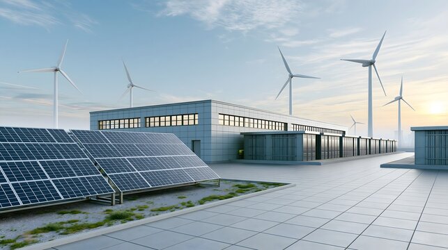 green data center concept, modern server facility powered by large solar arrays and wind turbines, energy infrastructure integrated with the campus, bright morning atmosphere, realistic architectural